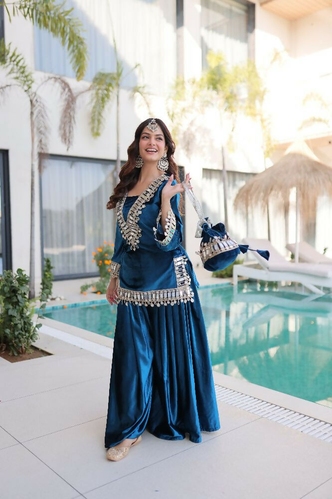 Joban Fashion Rama Kurta Set Velvet Sequins , Zari, Coding & Thread Embroidered work | Grocsy