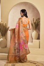Vastranavya Orange Digital Printed Linen Ready To Wear Designer Saree with Unstitched Blouse | Grocsy