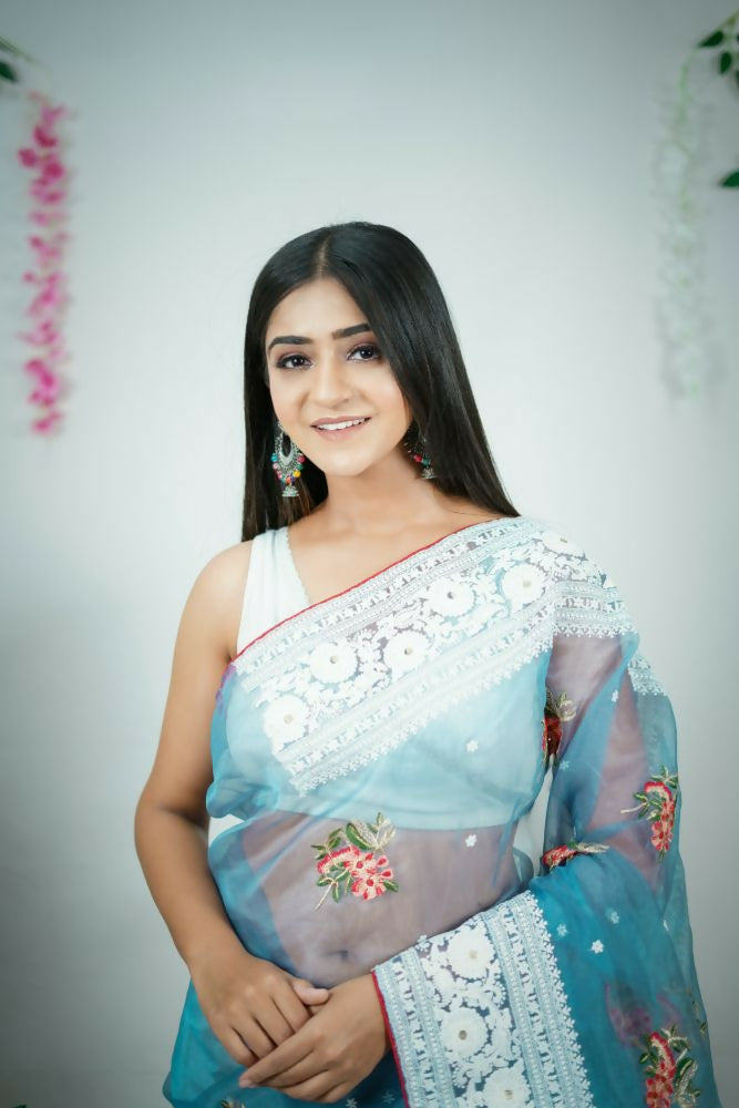 Vamsee Patralekha Blue Organza Saree | Grocsy