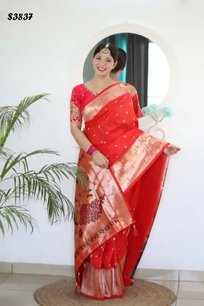 Red Woven Jacquard Designer Embroidery Work Party Wear Saree - Parampara | Grocsy