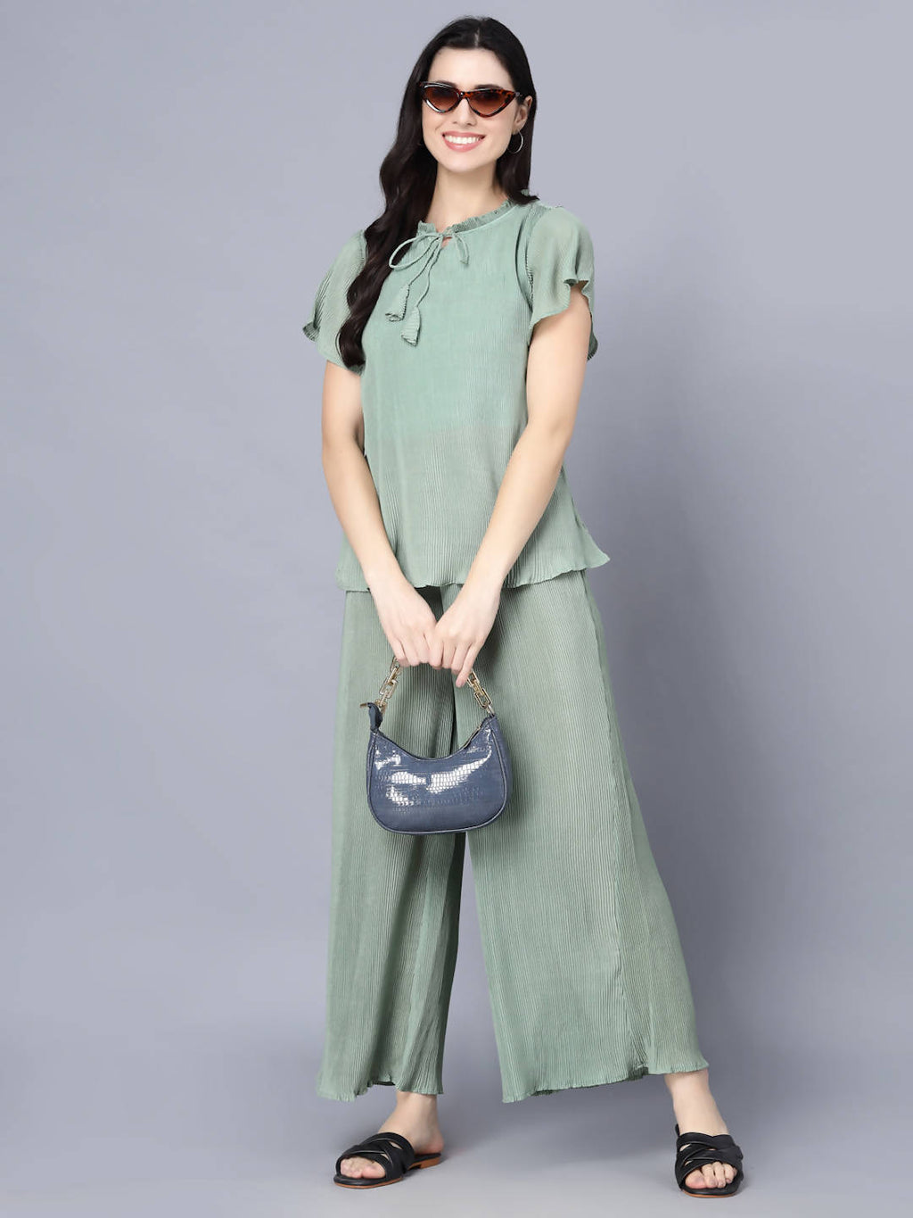 Myshka Women Green Top with Palazzos | Grocsy