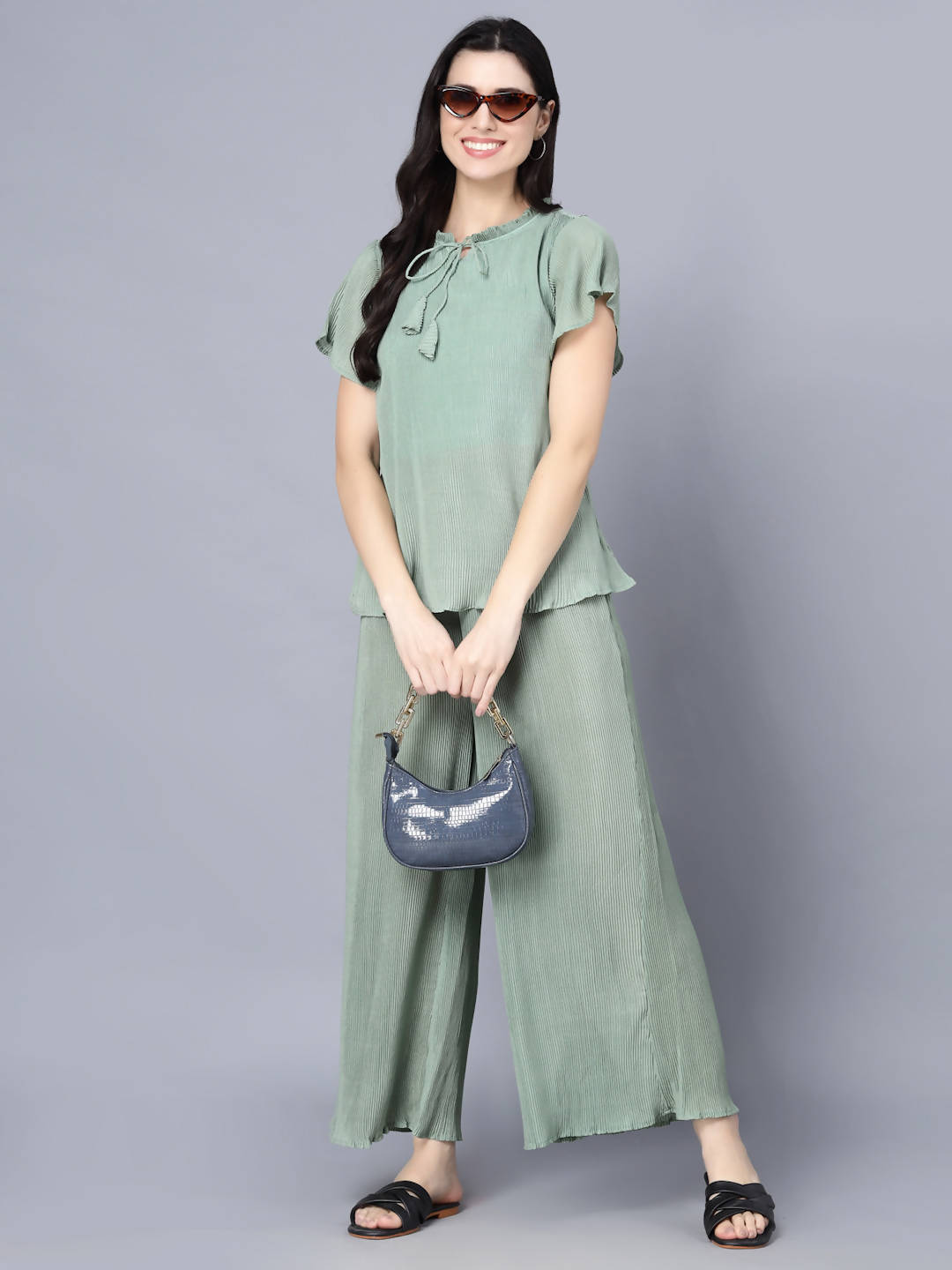 Myshka Women Green Top with Palazzos | Grocsy