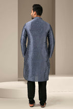 Raivat Ethnic Banarasi Art Silk Mirror Work Kurta Pajama In Dark Grey Colour | Grocsy