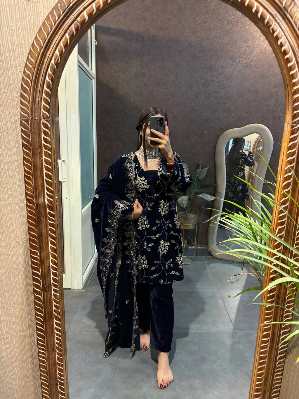 Vastranavya Blue Velvet Front Embroidery Work Kurta With Bottom & Dupatta | Grocsy