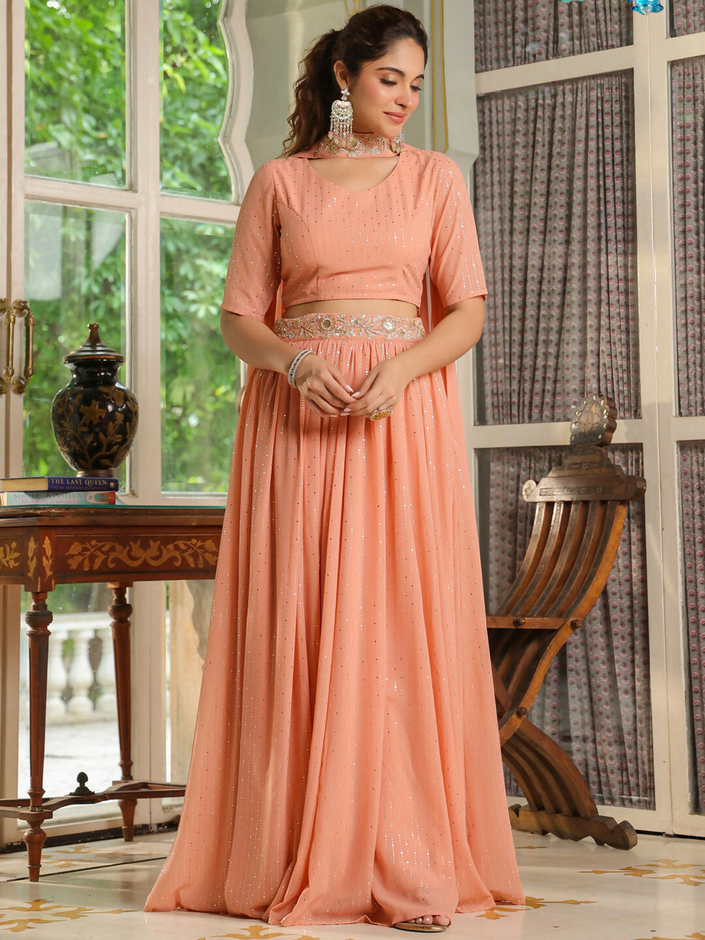 Janasya Peach Georgette Foil Print Lehenga Choli Dupatta | Grocsy