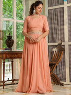 Janasya Peach Georgette Foil Print Lehenga Choli Dupatta | Grocsy