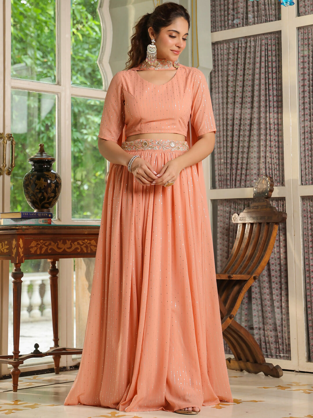 Janasya Peach Georgette Foil Print Lehenga Choli Dupatta | Grocsy