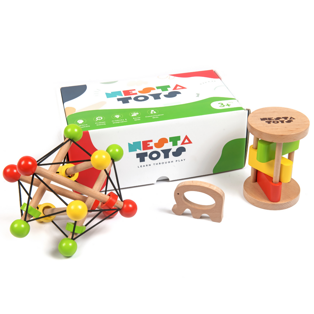 Nesta Toys Newborn Gift Set - Wooden Skwish Rattle, Clacker Rattle and Elephant Teether | Grocsy