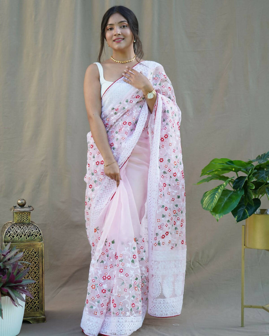 Vamsee Baby Pink Organza Saree | Grocsy