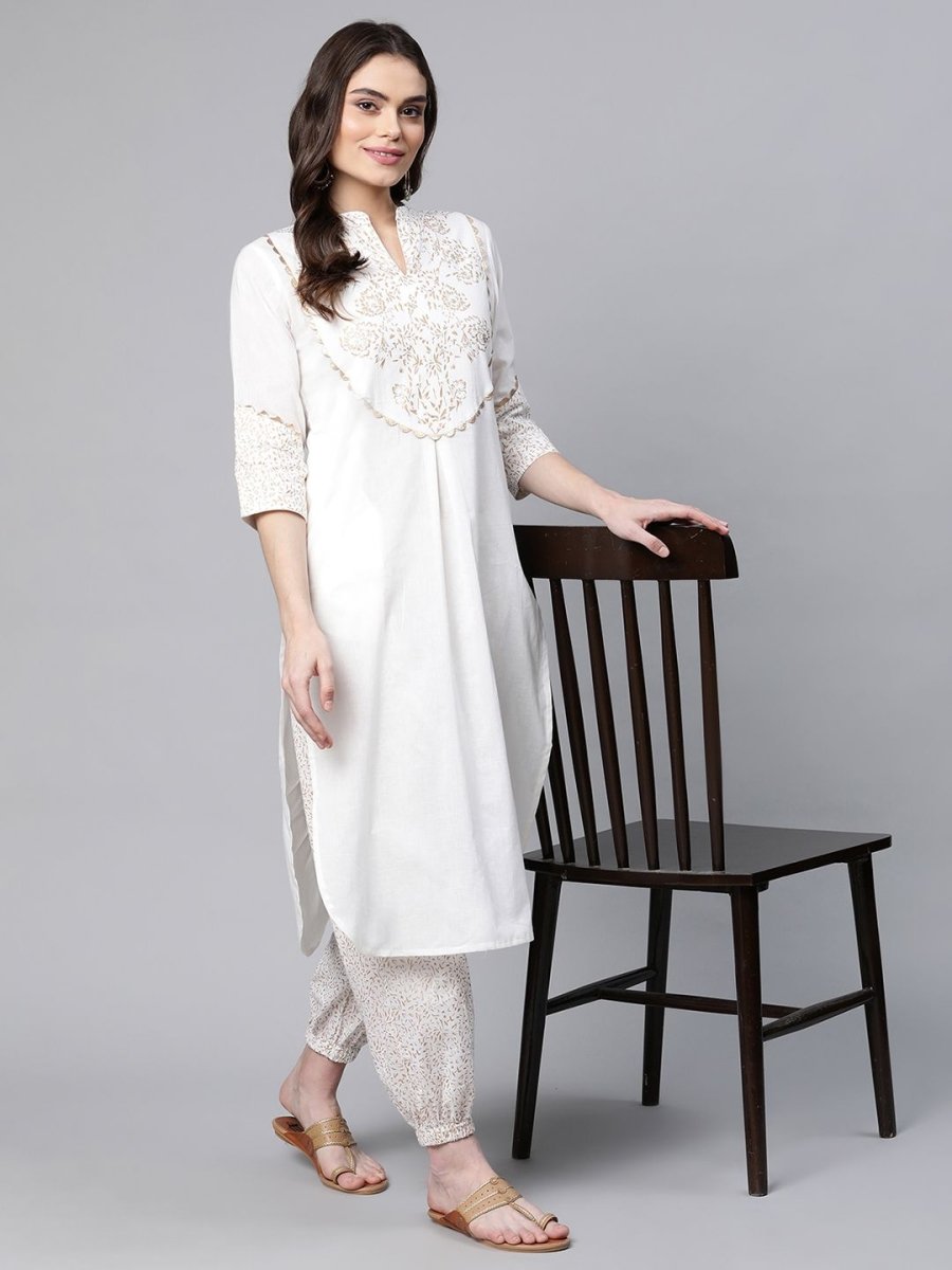 Ahalyaa Women Offwhite Pure Cotton Printed Kurta With Trousers | Grocsy