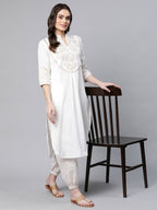 Ahalyaa Women Offwhite Pure Cotton Printed Kurta With Trousers | Grocsy