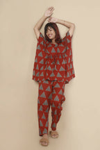 Breathables Women’S Loungewear Kaftan Cotton Red Geometric Print Co-Ord Set | Grocsy