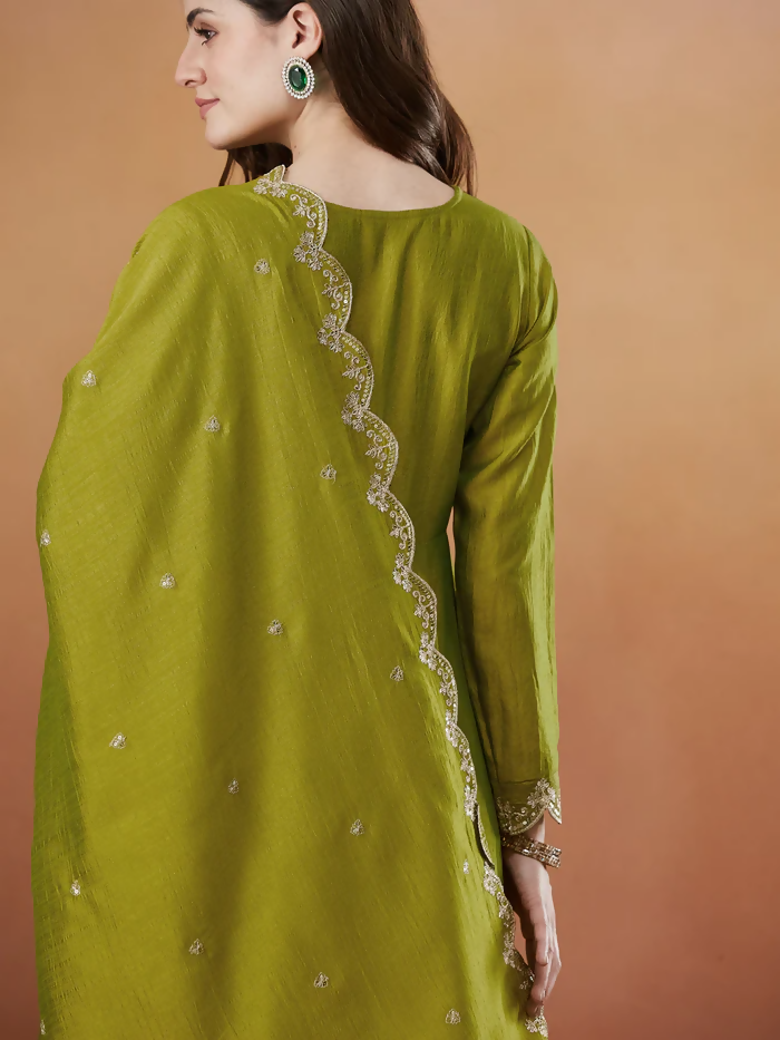 The52 Light Green Women's Beautiful Vichitra Silk Fabric Embroidered Work Flared Anarkali Pant and Dupatta Set | Grocsy