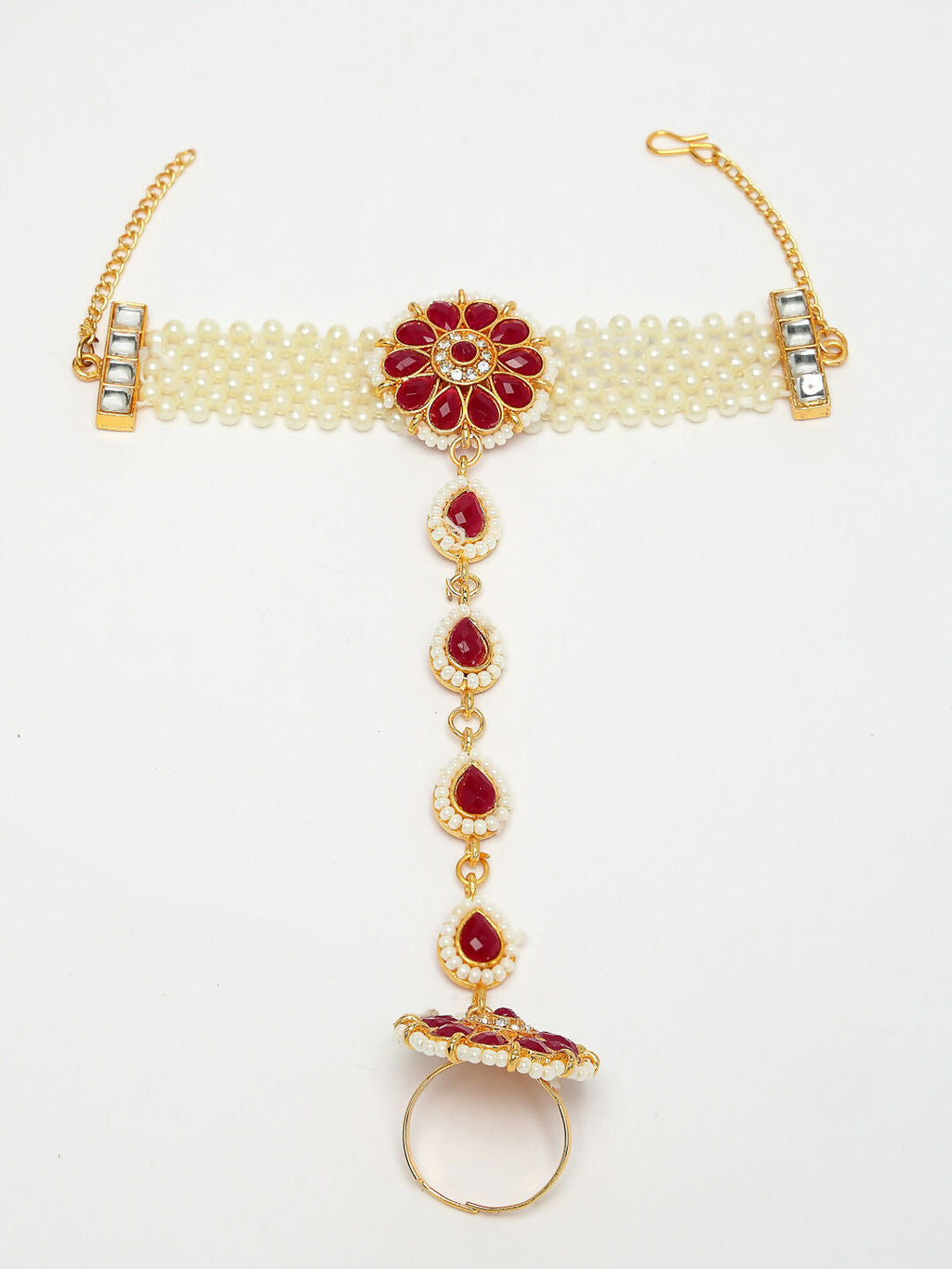 NVR Women's Red Gold-Polished Stone Studded Handcrafted Ring Bracelet | Grocsy