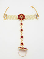 NVR Women's Red Gold-Polished Stone Studded Handcrafted Ring Bracelet | Grocsy