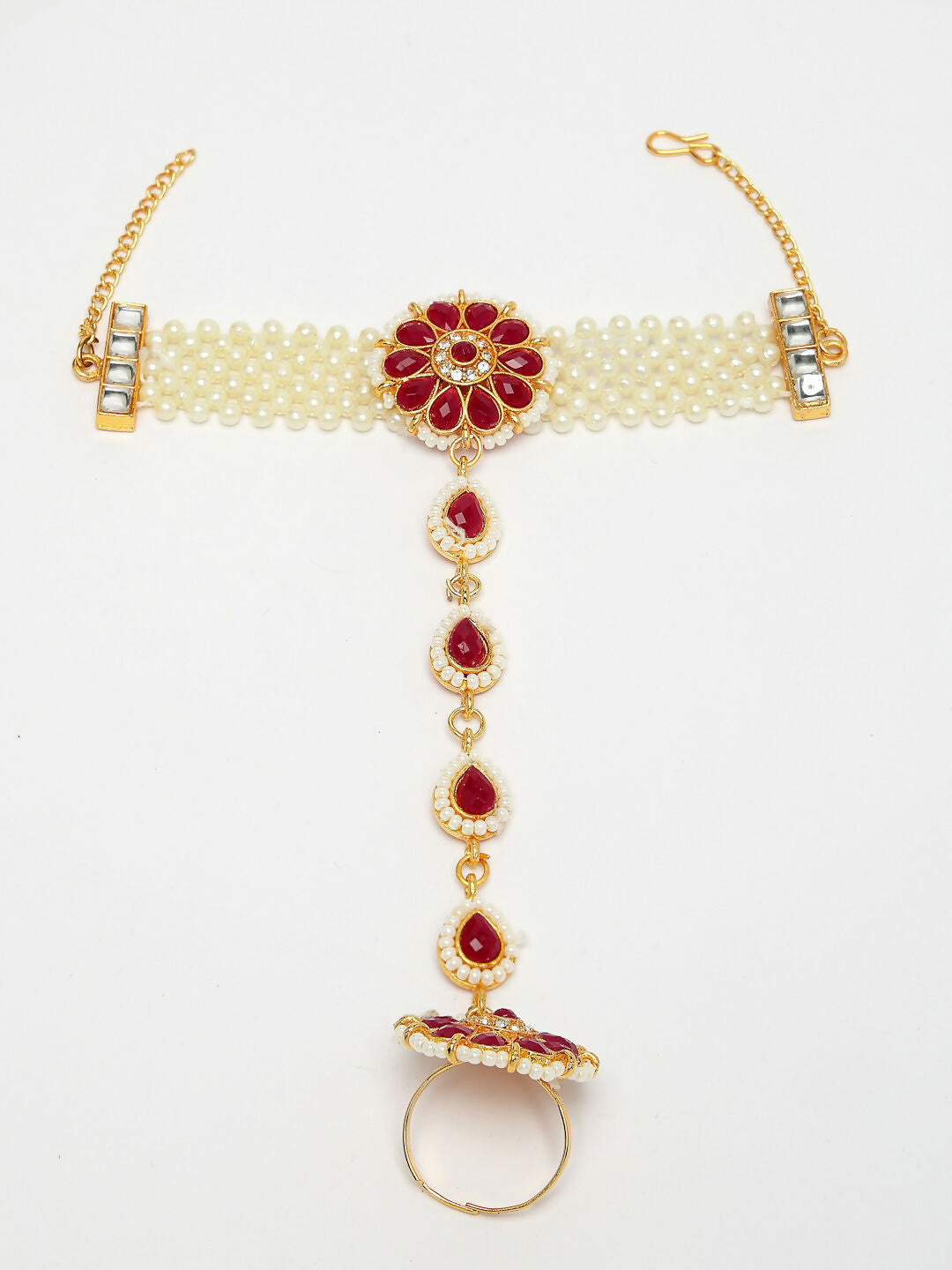 NVR Women's Red Gold-Polished Stone Studded Handcrafted Ring Bracelet | Grocsy