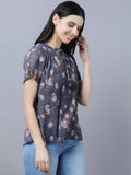 Myshka Women Charcoal Grey Peach-Coloured Floral Print Tie-Up Neck Georgette Top | Grocsy