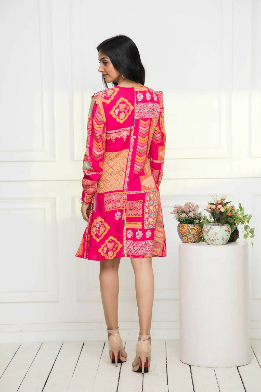 Myshka Women Red Geometric Rayon A-Line Round Neck Dress | Grocsy
