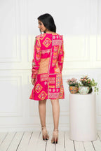 Myshka Women Red Geometric Rayon A-Line Round Neck Dress | Grocsy