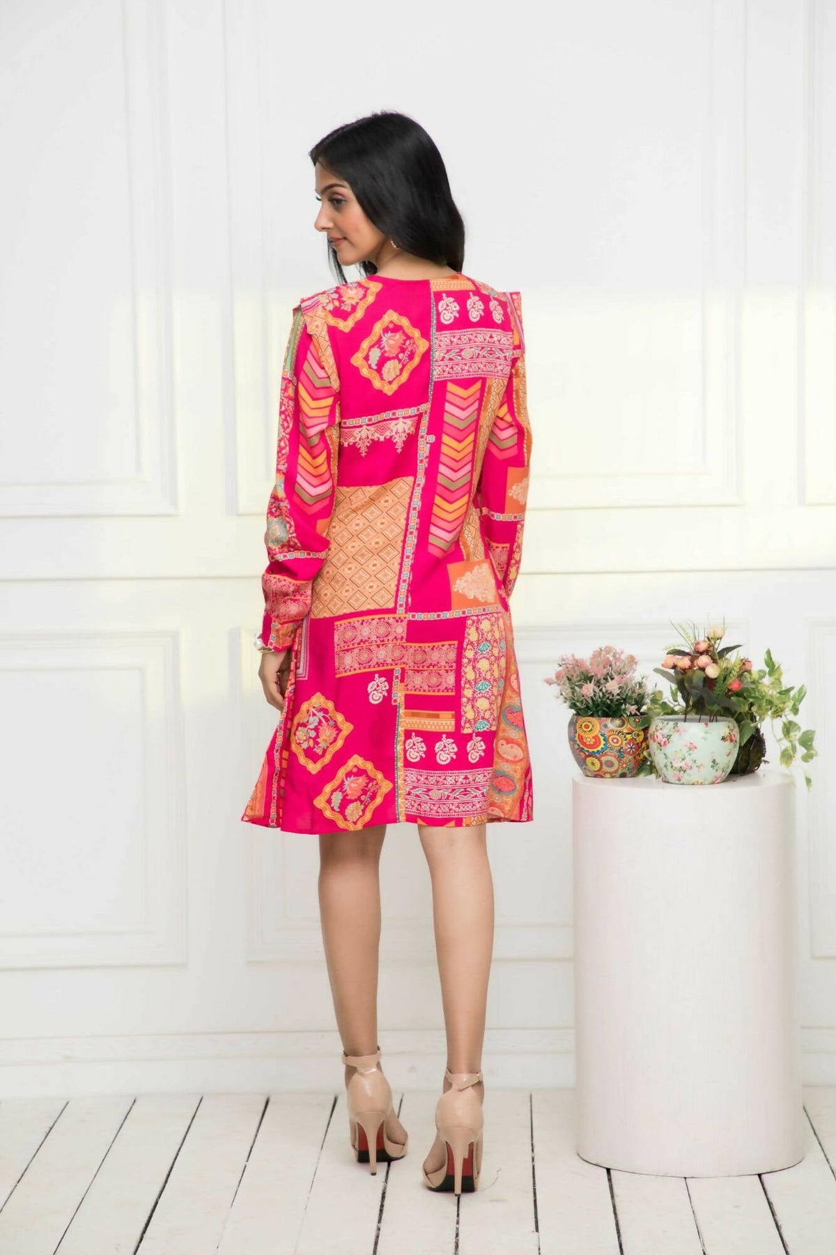 Myshka Women Red Geometric Rayon A-Line Round Neck Dress | Grocsy