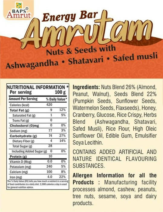 Baps Amrut Energy Bar Amrutam (Nuts & Seeds With Ashwagandha , Shatavari , Safed Musli) | Grocsy