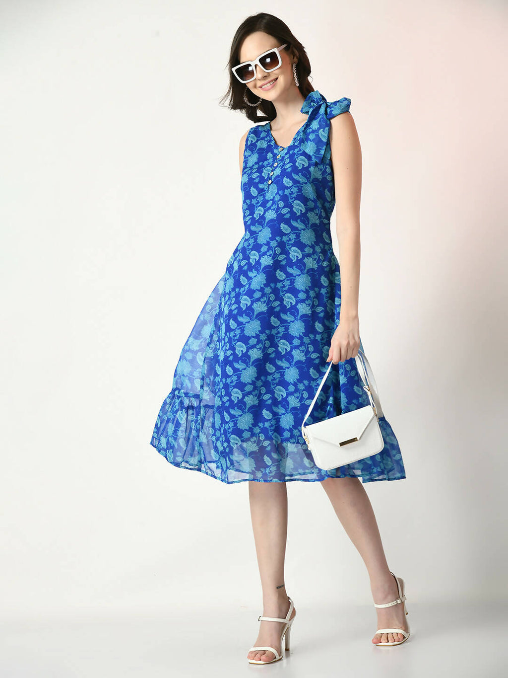 Myshka Women's Blue Fit and Flare Printed Dress | Grocsy