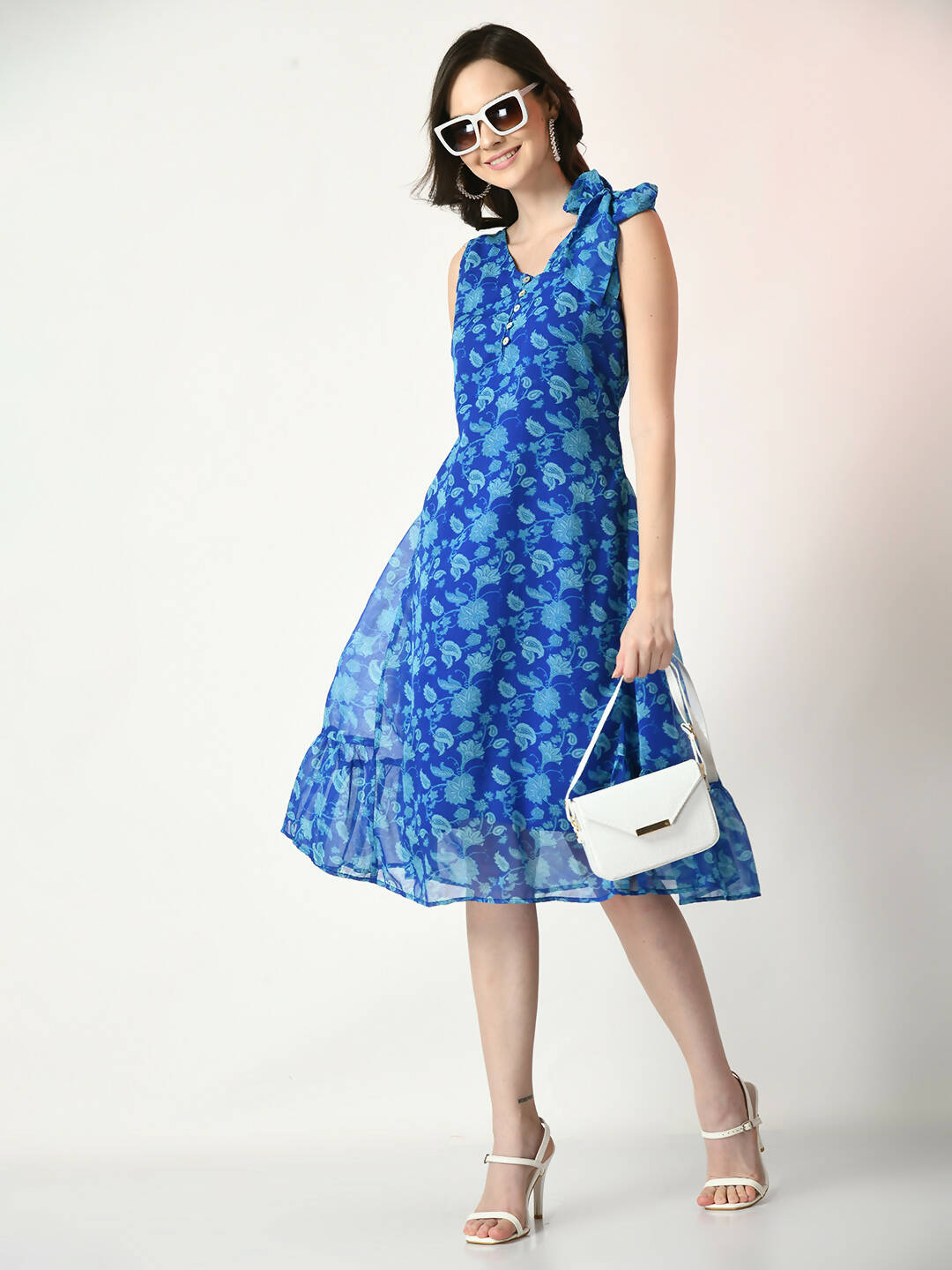Myshka Women's Blue Fit and Flare Printed Dress | Grocsy