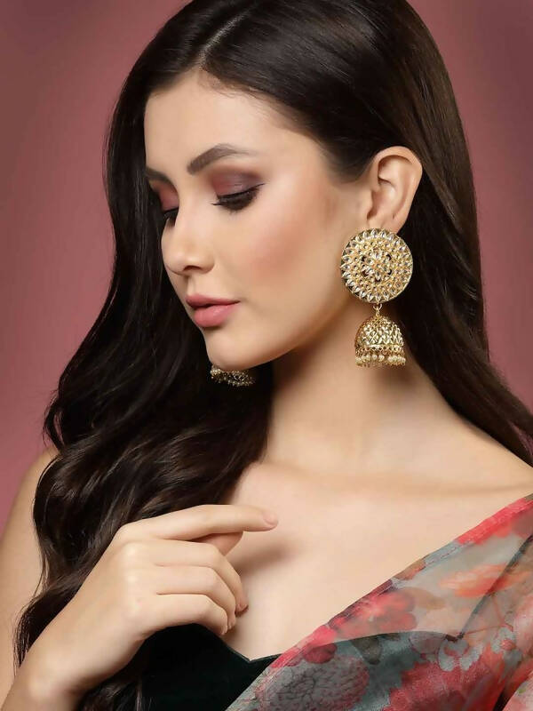 Gold-Polished Circular Shaped Brass Jhumka Earrings For Women and Girls By House of Ree - Swadesiicart