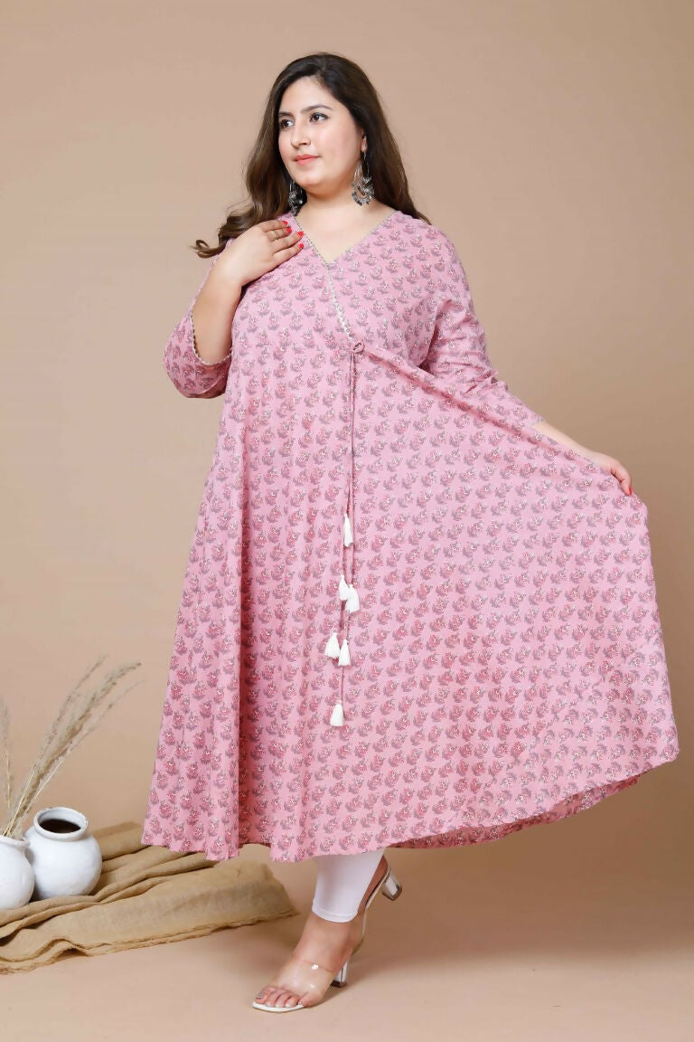 Miravan Women's Pink Plus Size Cotton Floral Print Long Anarkali Kurta | Grocsy