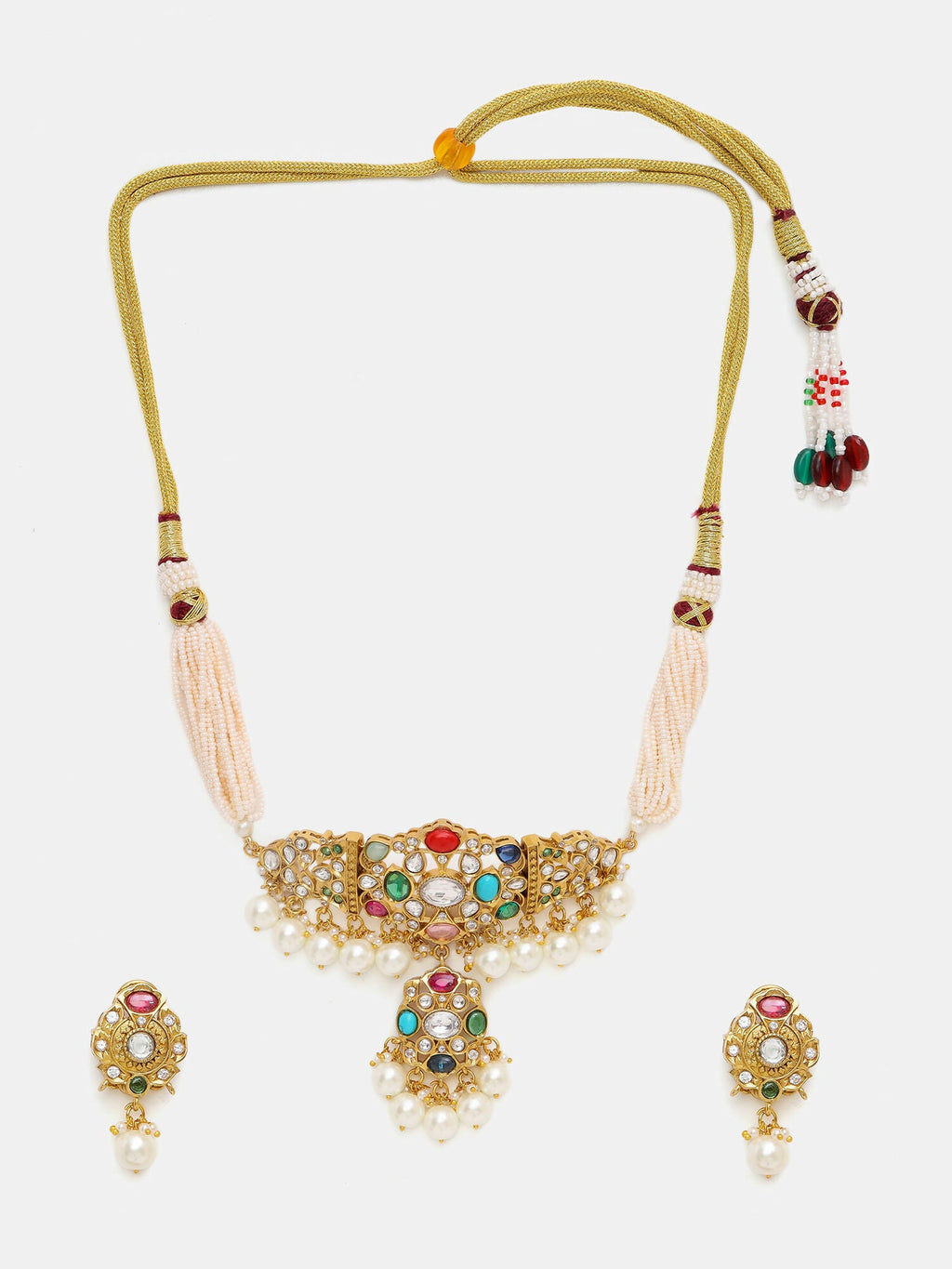 Ruby Raang Gold Polished Kundan Work Multi-Color Navratan Kundan Choker With Stud Earrings | Grocsy