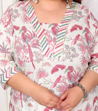 Miravan Women's Plus Size Light Pink Scenic Birds And Leaf Floral Printed Cotton Straight Pakistani Style Kurta And Palazzo | Grocsy