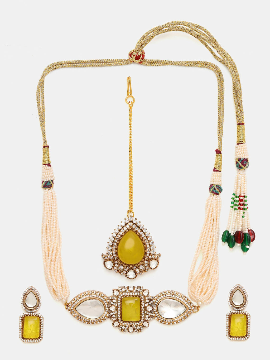 Ruby Raang 22k Gold Polished Green Stone And Moissanite Necklace With Matching Earrings And Maang Tikka | Grocsy