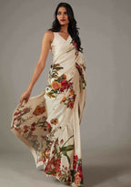 Off White Bright Moss Designer Digital Printed Party Wear Saree - Be Verly | Grocsy