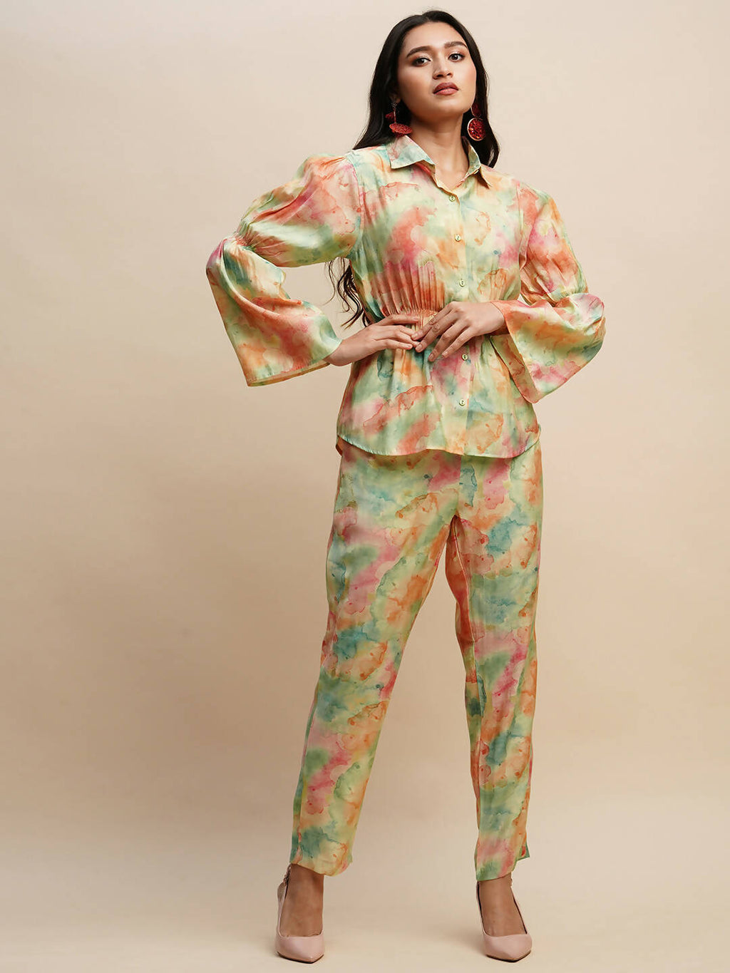 Light Green & Orange Poly Rayon Tie and dye Printed Top with Matching Trouser - Shivani | Grocsy