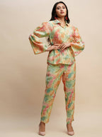 Light Green & Orange Poly Rayon Tie and dye Printed Top with Matching Trouser - Shivani | Grocsy