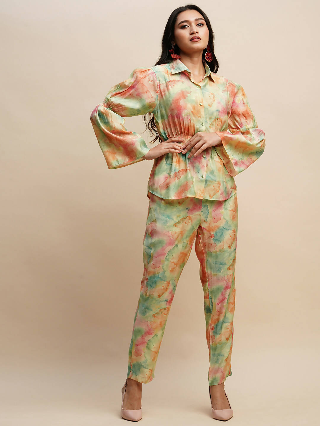 Light Green & Orange Poly Rayon Tie and dye Printed Top with Matching Trouser - Shivani | Grocsy