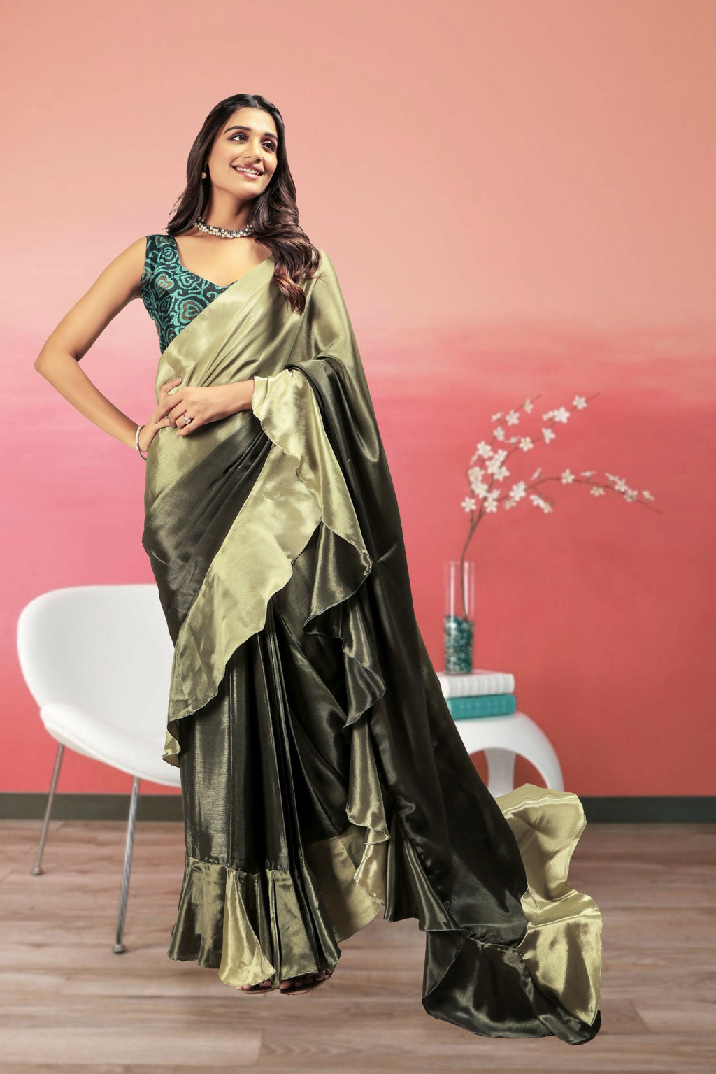 Green Satin Solid Designer, Printed Party Wear Ready To Wear Saree - Nasreen | Grocsy