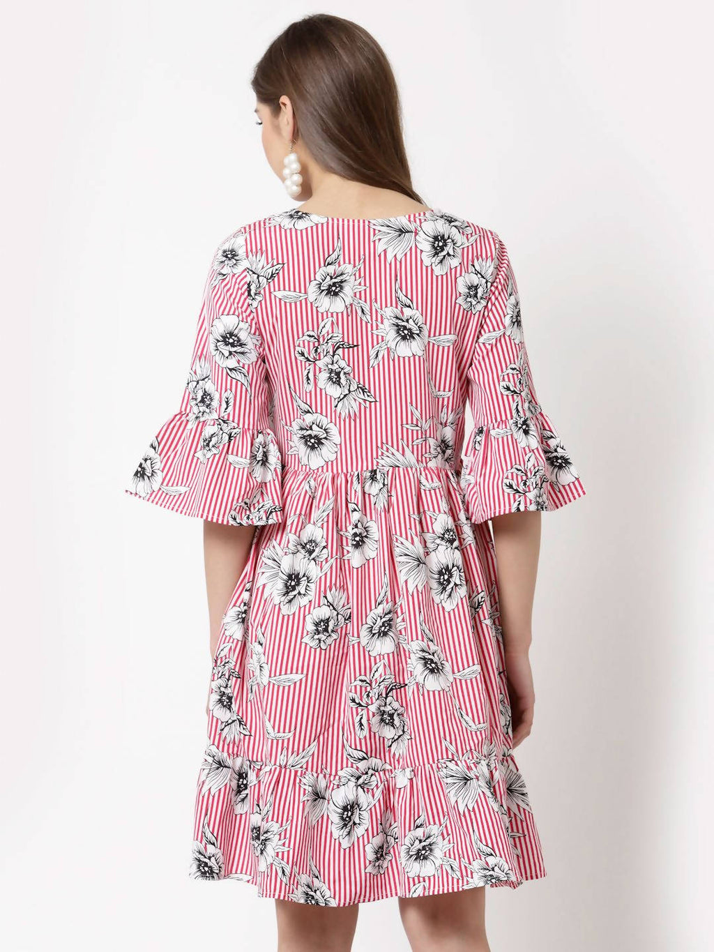 Myshka Women's Pink Poly Crepe Printed Bell Sleeve Round Neck Dress | Grocsy
