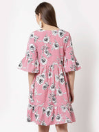 Myshka Women's Pink Poly Crepe Printed Bell Sleeve Round Neck Dress | Grocsy