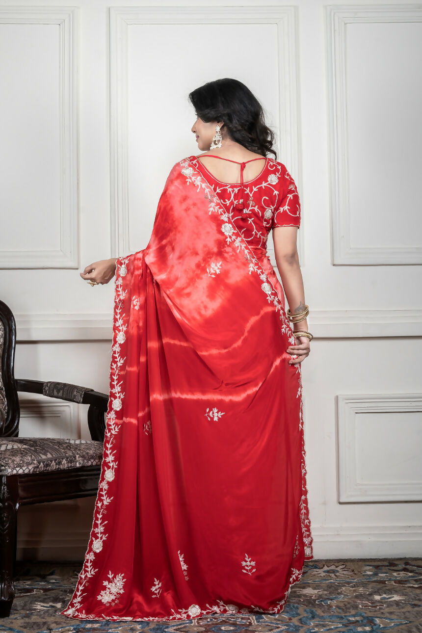 Morchari Red Crepe Hand Embroidery Saree And Stitched Blouse | Grocsy