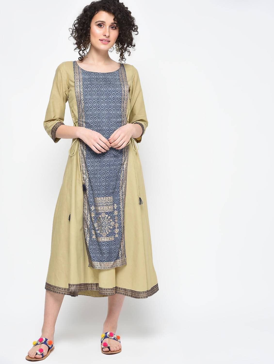 Cheera Hand Block Print Khaki Color Straight Kurta | Grocsy