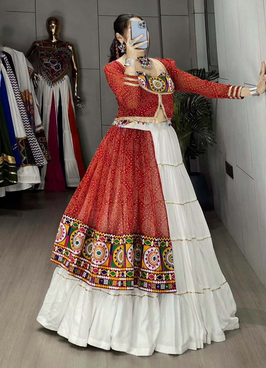 Yash Enterprise Red And White Rayon Cotton Embroidery Semi Stitched Navratri Top Chaniya Choli | Grocsy