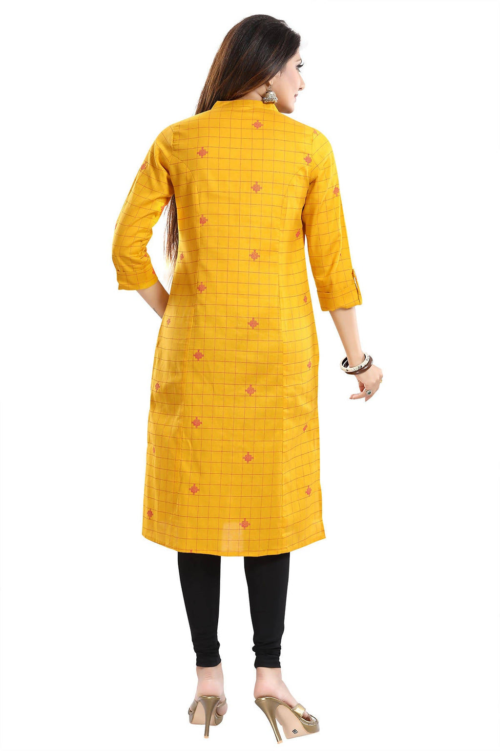 Snehal Creations Checkered Print Yellow Long Cotton Kurti | Grocsy