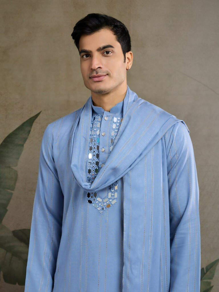 Vastranavya Light Blue Exclusive Viscose Silk Festival Wear Real Mirror Work Kurta with Dupatta | Grocsy