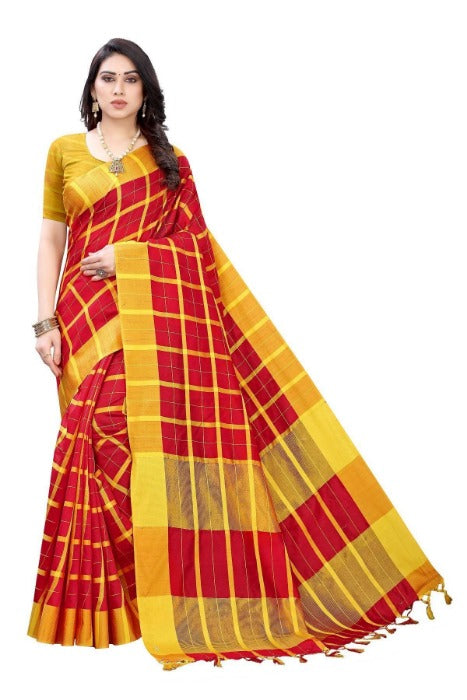 Vamika Red Cotton Silk Weaving Saree (SATURN RED) | Grocsy