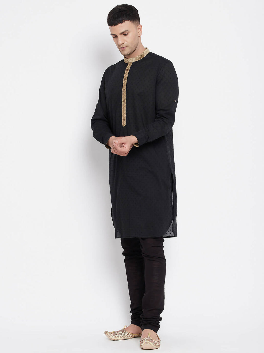 Even Apparels Black Pure Cotton Men's Kurta With Contrast Collar And Placket | Grocsy
