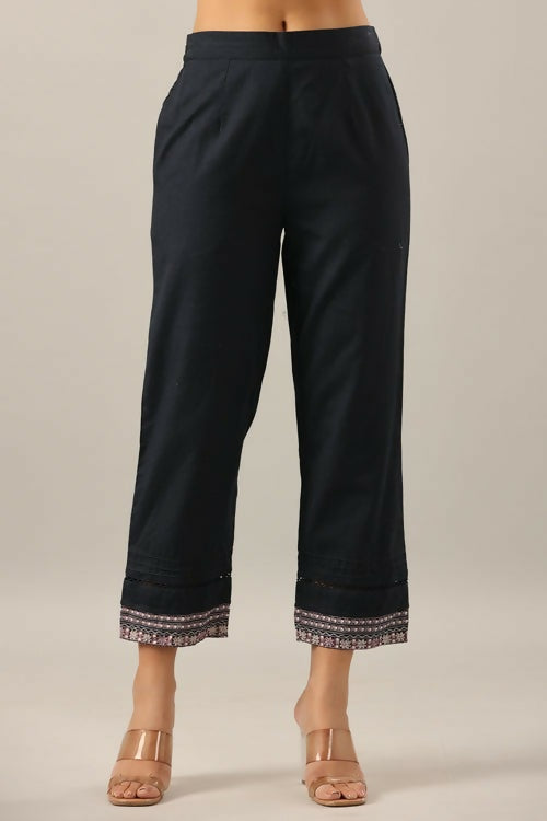 Juniper Navy Blue Solid Cotton Flex Pants With Printed Hem, Pintucks & Lace Work | Grocsy