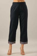 Juniper Navy Blue Solid Cotton Flex Pants With Printed Hem, Pintucks & Lace Work | Grocsy
