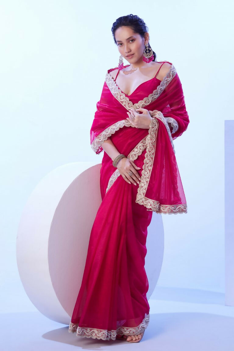 Pink C/H Net Solid Designer & Lace Work Saree - Samaa | Grocsy