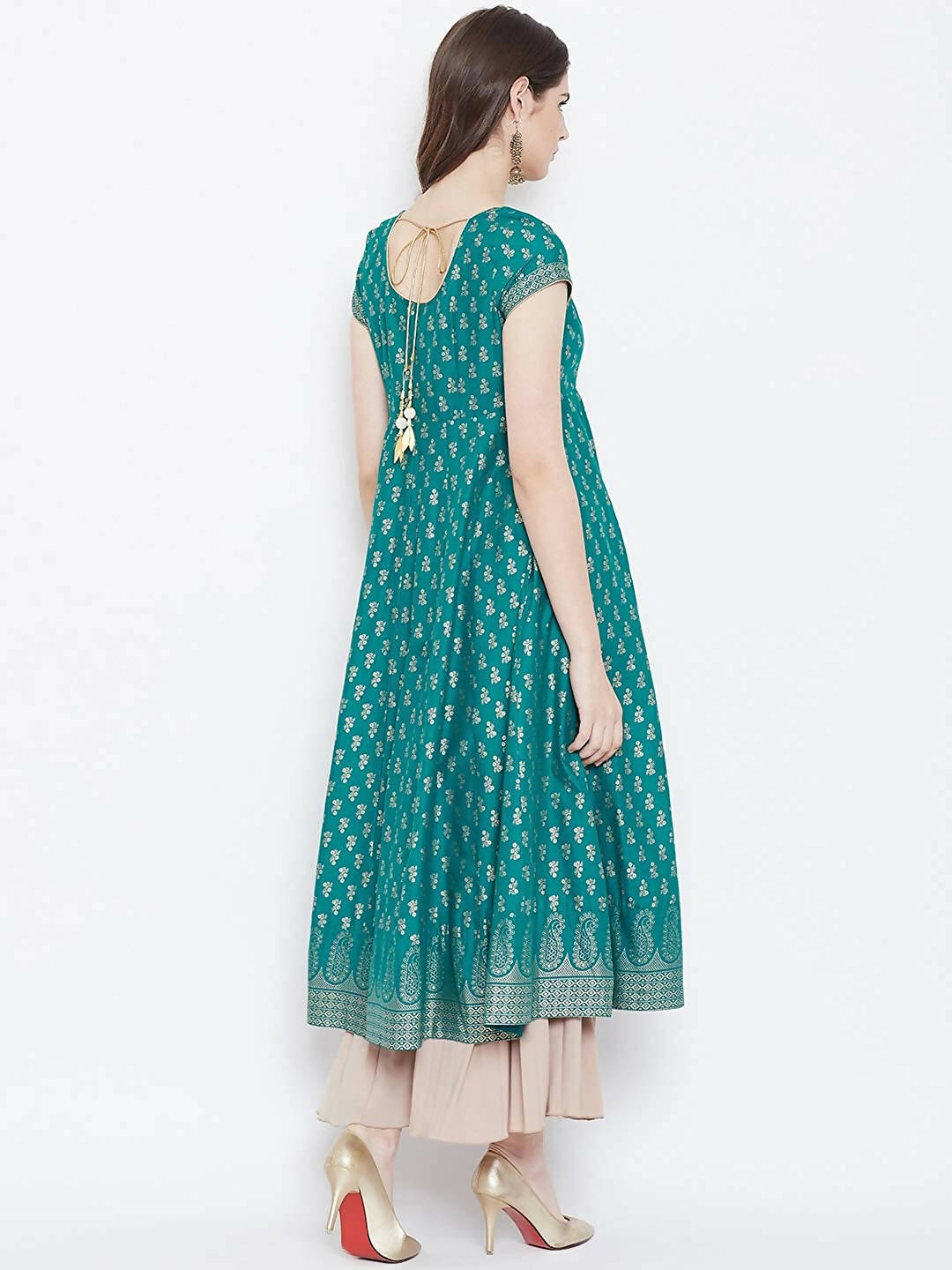 Cheera Embellished Daily Wear Cotton Blend Kurta - Turquoise Green | Grocsy